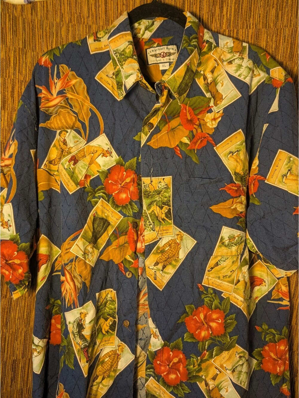 Straight Down Men's XL Hawaiian Shirt with Floral and Postcard Print